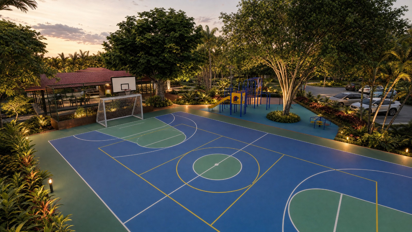 Cancha, parque infantil y zona social al atardecer